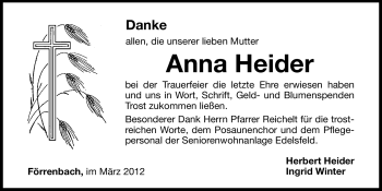 Traueranzeige von Anna Heider von Hersbrucker Zeitung